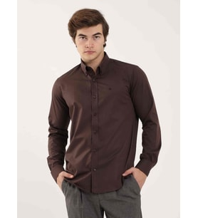 Kahverengi Erkek Slim Fit Düz Düğmeli Yaka Uzun Kol Gömlek - 101344