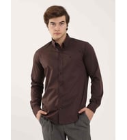 Kahverengi Erkek Slim Fit Düz Düğmeli Yaka Uzun Kol Gömlek - 101344