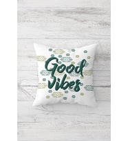 Good Vibes Yazılı Çift Tarafı Baskılı Gizli Fermuarlı Yastık Kılıfı Kırlent Koltuk Yastık Kılıfı (Beyaz)
