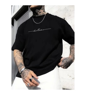 Baskılı Oversize Bisiklet Yaka T-shirt - Siyah