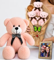 Kişiye Özel Fotoğraflı Pembe Büyük Boy Peluş Ayıcık Buketi ve 50 cm Pembe Peluş Ayıcık Hediye Seti