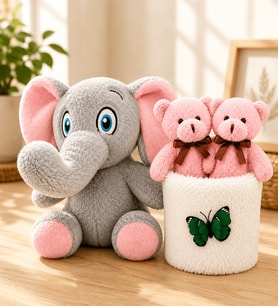 Sevimli Peluş Fil ve Peluş Saksıda Ayıcıklar Buketi Sevgiliye Kadına Arkadaşa Hediye