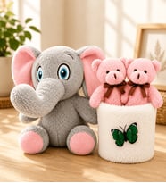 Sevimli Peluş Fil ve Peluş Saksıda Ayıcıklar Buketi Sevgiliye Kadına Arkadaşa Hediye