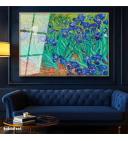 Altın Renk Metal Çerçeveli Tamperli Cam Tablo Vincent van Gogh İris Çiçekleri Bahçe Mavi Ressam Tablosu Duvar Dekoru