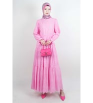 Tesettür Elbise Bel Lastikli Kol Fırfırlı Fisto Elbise Pembe