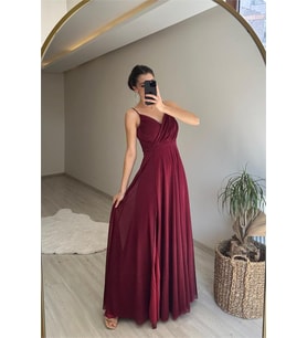 Neşeli butik kadın ışıltılı askılı yırtmaç detayı şifon abiye elbise NM002 (Bordo)