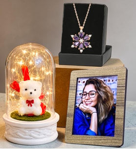 Kişiye Özel Fotoğraflı Hediye Seti LED Işıklı Beyaz Ayıcıklı Fanus ve Gerçek Ametist Taşlı Lotus Kolye