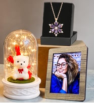 Kişiye Özel Fotoğraflı Hediye Seti LED Işıklı Beyaz Ayıcıklı Fanus ve Gerçek Ametist Taşlı Lotus Kolye