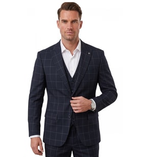DeepSEA Erkek Koyu Lacivert Slim Fit 3’lü Takım Elbise – Yelekli Ekose Desenli Çift Düğme Takım Elbise 2600501