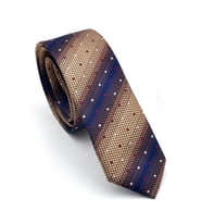 Bej Kahverengi ve Lacivert Verev Desenli Dokuma Kumaş Mendilli Slim Fit Kravat // SDK-240801 (Renksiz)