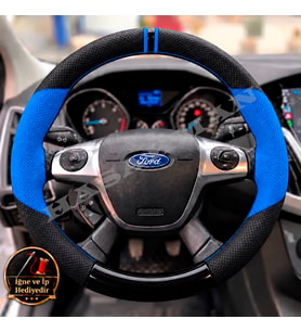 Ford Focus 3 Dikme Direksiyon Kılıfı Delikli Deri Parlak Siyah Mavi Detay Çift Yüzük ve Dikiş 2011-2018