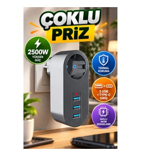 2500W Termal Korumalı Çoklu Priz – 3 USB, Type-C ve Akıllı Akım Dengeleme