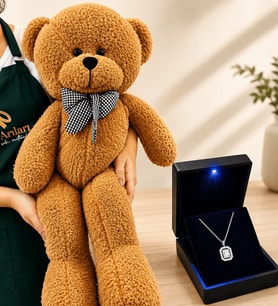 Işıklı Kutuda 925 Ayar Gümüş Baget Taşlı Pırlanta Montür Kolye ve 80 cm Kahve Peluş Ayıcık Hediye
