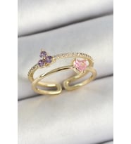 Pirinç Kalp Ve Çiçek Figürlü Zirkon Taşlı Gold Renk Ayarlanabilir Kadın Yüzük (Altın)