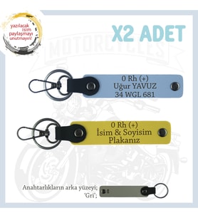 Hız Severlere Özel Armağan, İsim Plaka ve 0 Rh (+) Kan Grubu Yazılı Deri x2 Anahtarlık, Sarı-Mavi-Gr (Çok Renkli)
