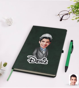 BK Gift Kişiye Özel Erkek Mühendis Karikatürlü Yeşil Termo Deri Defter Kalem Seti Model 1