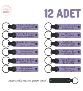 Eğitimci Öğretmenlerden Öğrencilere Hediye 12'li Set, Kişiye Özgü Deri Anahtarlık, Mor Lila & Siyah (Lila - Mor)