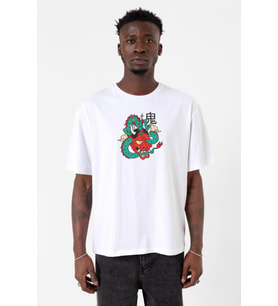 Dragon Samurai Anime Beyaz Erkek Oversize Tshirt