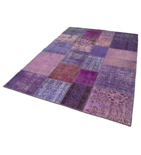 Mor Halı El Dokuma Bohem Stil Patchwork Desenli Konforlu Salon Halısı Eskitme Vintage Görünüm