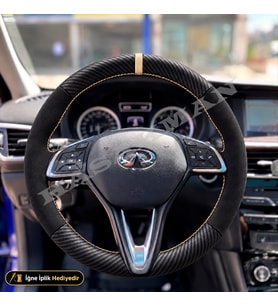 Infiniti Q30 Dikme Direksiyon Kılıfı Alcantara Süet Mat Karbon Bej Yüzük ve Dikiş Premium-Sport-City Black 2016-2020