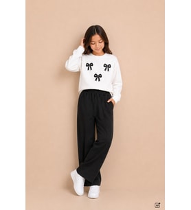 Bordo Kız Çocuk Fiyonk Desenli Sweatshirt Geniş Paça Eşofman Takımı 24828