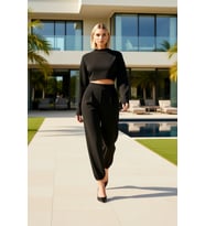Kadın Moda Şık Regular Boy Uzun Kollu Süper Crop Jogger Pantolonlu Triko Alt-Üst Takım