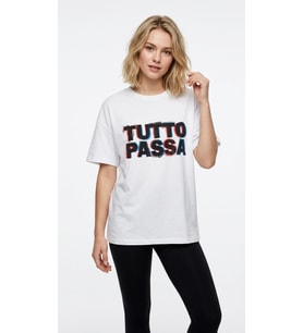 Unisex Beyaz 'Tutto Passa' Baskılı Oversize Tişört