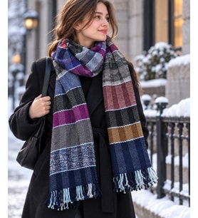 Çok Renkli, El Dokuması Atkı, Kilim Dokuması Yünlü Atkı, Tasarım, Şık Kaşkol, Moli Tasarım (Antik Lacivert)