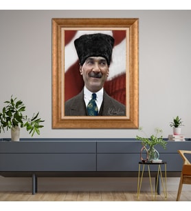 Altın Varaklı Çerçeveli Paspartulu Atatürk Tablo nl02A783 (Gold)