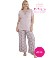 Seamlife Büyük Beden Düğmesiz Viskon Kısa Kol Palazzo Pijama Takımı-Oversize Üst Geniş Paça Alt Homewear (Pudra)