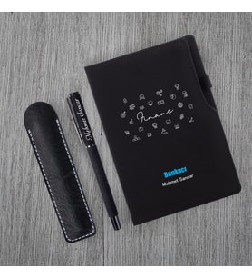 Kişiye Özel Bankacı Temalı Siyah Defter & Siyah Roller Kalem