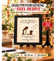 Öğretmenler Günü Hediyesi Kişiye Özel İsimli MDF Çerçeve – Öğretmen Öğrenci Silüetli, Ahşap Ayak Hediyeli