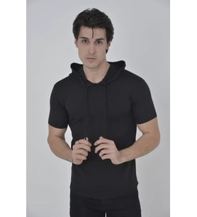 Erkek Kapşonlu Slim Fit T-shirt - Siyah