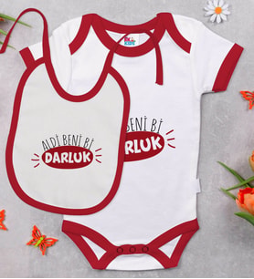 BK Kids Darluk Tasarımlı Kırmızı Bebek Body Zıbın ve Mama Önlüğü Hediye Seti-1