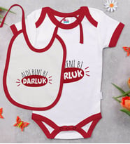 BK Kids Darluk Tasarımlı Kırmızı Bebek Body Zıbın ve Mama Önlüğü Hediye Seti-1