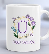 Kişiye Özel Çiçekli Ü Harfli Hediye Kupa Bardak İsim Soyisim Yazılı (Beyaz)