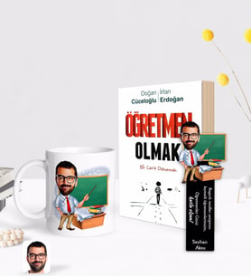 BK Gift Kişiye Özel Erkek Öğretmen Karikatürlü Beyaz Kupa Ahşap Kitap Ayracı ve Öğretmen Olmak Kitabı Hediye Seti