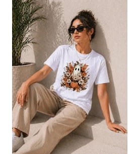 Balkabağı Hayalet Baskılı Tişört Kısa Kol Yazlık T-Shirt - Beyaz