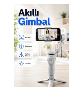 AI Takipli Telefon Gimbali – LED Işıklı, Bluetooth Kontrollü, Katlanabilir Tripod ve Selfie Stick