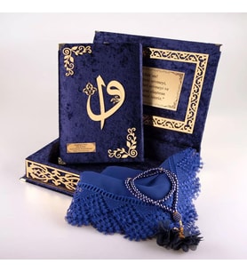 Şal + Tesbih + Kuran Hediye Seti (Orta Boy, ElifVav, Gold Pleksi, Raşel Kutu, Lacivert)