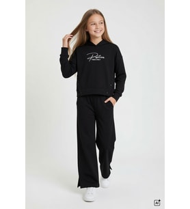 Bordo Kız Çocuk Çıtçıt Detaylı Kabartmalı Sweatshirt Geniş Paça 2li Eşofman Takımı 24765