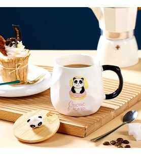 400ml Sevimli Süpriz Panda Seramik Kapaklı Kaşıklı Kupa Bardak (Sarı)