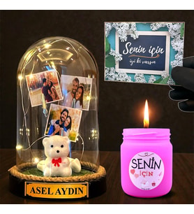 Sizlere Özel Led Işıklı Fanus ve Mis Kokulu Mum Hediye Seti Kişiye Özel Hediye (Model 3)