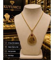 22 Ayar Altın Kaplama Osmanlı Tuğra Desenli Kırmızı Taşlı Hediye Kolye