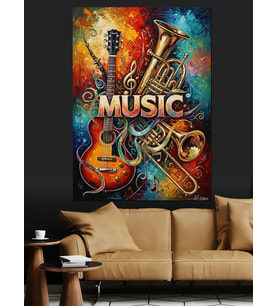 Music Yazılı Renkli Enstrüman Sanatı Dekoratif Kanvas - Mdf Ahşap Tablo