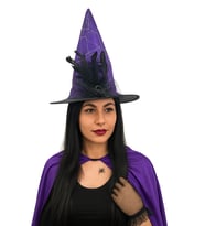 Hallowen Cadı Şapkası Çiçekli Tüylü Model Mor Renkli Cadılar Bayramı Şapkası