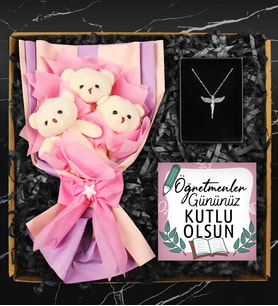Öğretmenler Gününe Özel Tasarım Üçlü Peluş Ayıcık Buketi & Melek Kolye & Kart Hediye Seti