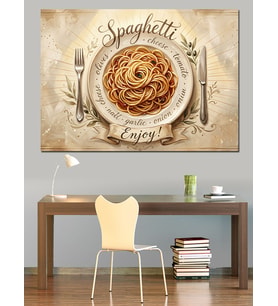Spaghetti Mutfak Yazılı Tabak Görseli Dekoratif Kanvas - Mdf Ahşap Tablo