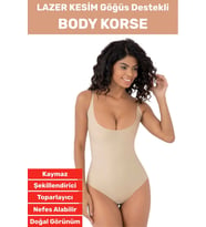 İz İç Göstermez Kaymaz Sıkılaştırıcı Vücut Şekillendirici LAZER KESİM Gögüs Destekli Body Korse (Bej)