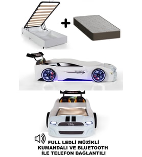 Beyaz Arabalı Yatak Sport Mst Full Ledli Kumandalı Baza Ortopedik Yatak